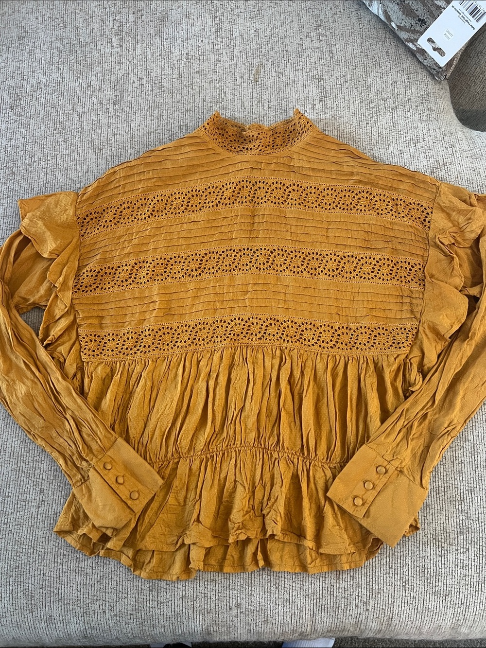 Free People Mustard Eyelet Pintuck Peasant Top